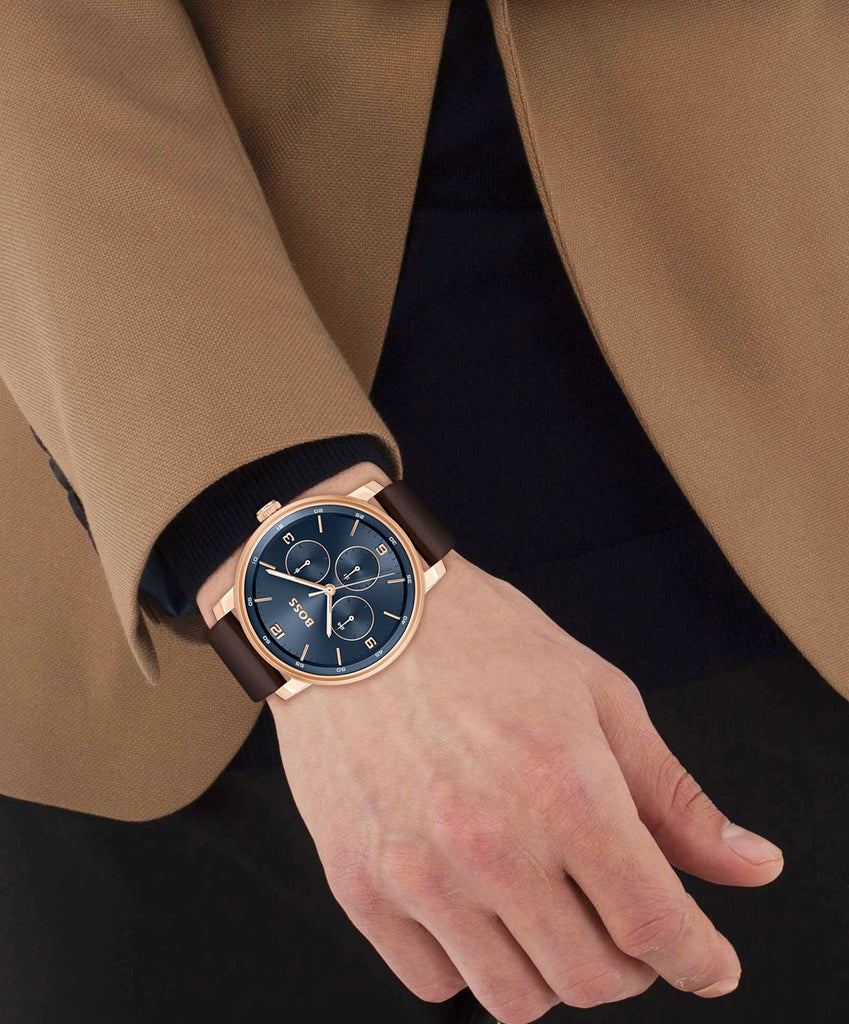 שעון Hugo Boss Conte 1514126 יד לוח כחול רצועת עור חומה לגבר - תכשיטי חביב