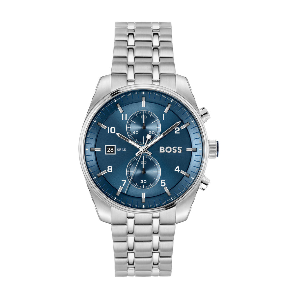 שעון Hugo Boss Skytraveller 1514216 - לוח כחול רצועה כסף לגבר - תכשיטי חביב 