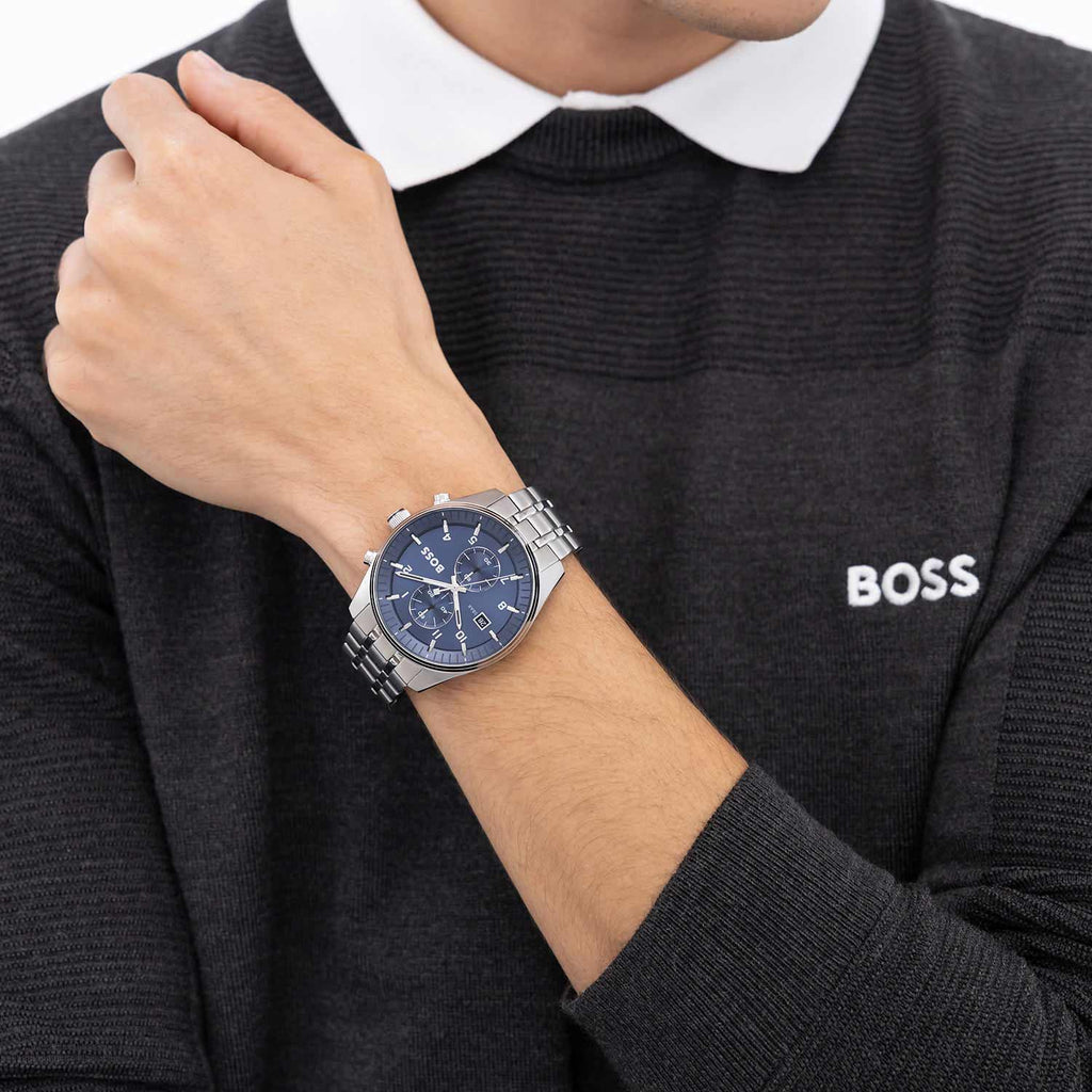 שעון Hugo Boss Skytraveller 1514216 - לוח כחול רצועה כסף לגבר - תכשיטי חביב