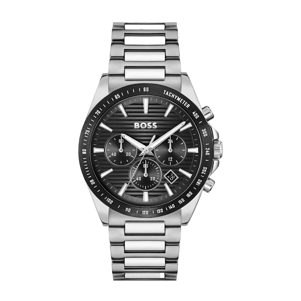  שעון Hugo Boss Strike 1514290 יד לוח שחור רצועה כסף לגבר - תכשיטי חביב 