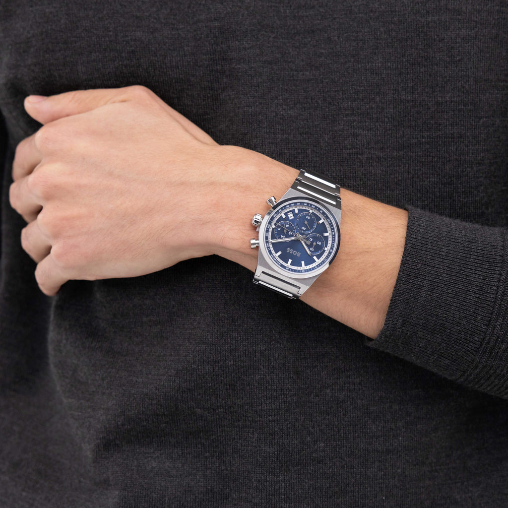  שעון יד לגבר  Hugo Boss Canch 1514250 - לוח כחול רצועה כסף לגבר - תכשיטי חביב 
