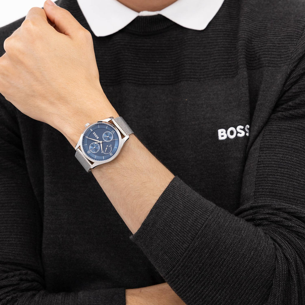 שעון Hugo Boss Principle 1514276 - לוח כחול רצועה כסף לגבר - תכשיטי חביב