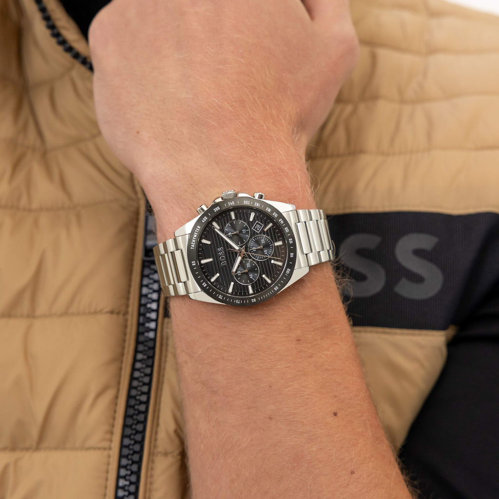  שעון Hugo Boss Strike 1514290 יד לוח שחור רצועה כסף לגבר - תכשיטי חביב 